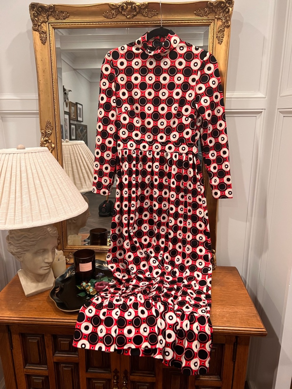 Saks Fifth Avenue Vintage High-Neck Long Sleeve Geo Circle Print Maxi Dress - Picture 2 of 5